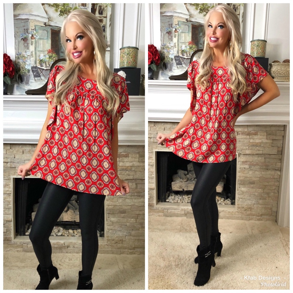 🥰LAST 2! Relaxed Soft Woven Ruffle Printed Top - Picture 5 of 8